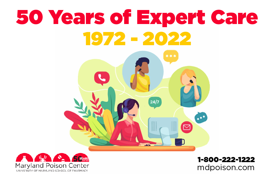 Cartoon graphic celebrating the Maryland Poison Center's 50 years of expertise from 1972 to 2022 with a depiction of a person fielding calls at a call center.