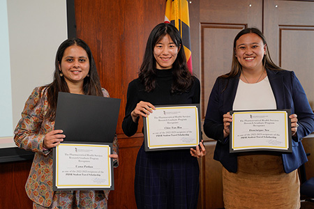 Uzma Pathan, Chia-Yun Hsu, and Dominique Seo with their certificates.
