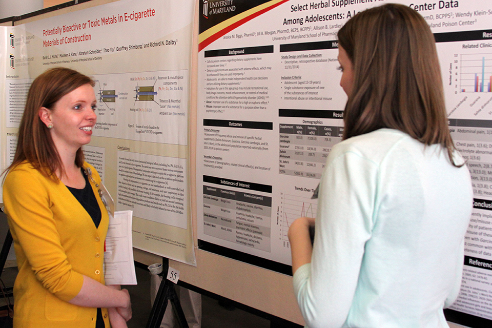 Two Students nearPoster During Annual Research Day