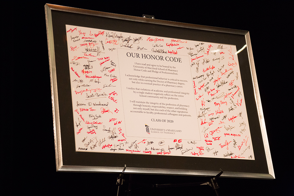 Signed Honor Code displayed during White Coat Ceremony.