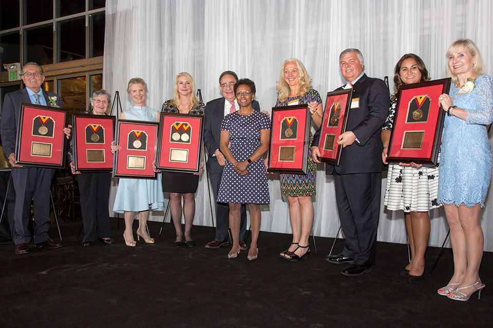 Dean Natalie Eddington and President Jay Perman Pictured with Founding Pharmapreneur Award Winners