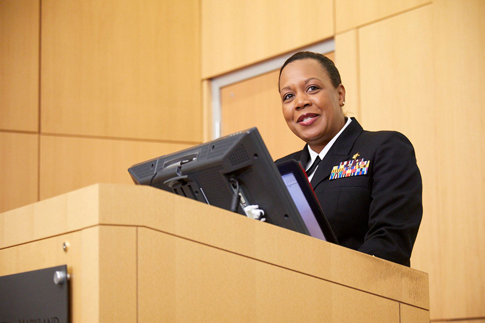 Rear Admiral Denise Hinton delivers keynote address for MS in Regulatory Science convocation.
