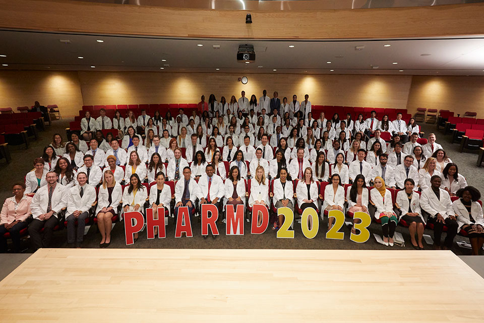 Class of 2023 poses for group photo following the White Coat Ceremony.
