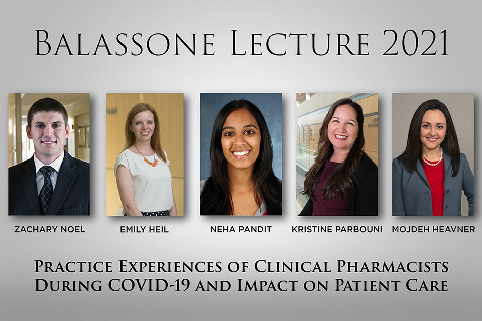Photo collage featuring headshots of all of the lecture speakers: Drs. Zachary Noel, Emily Heil, Neha Pandit, Kristine Parbuoni, and Mojdeh Heavner.