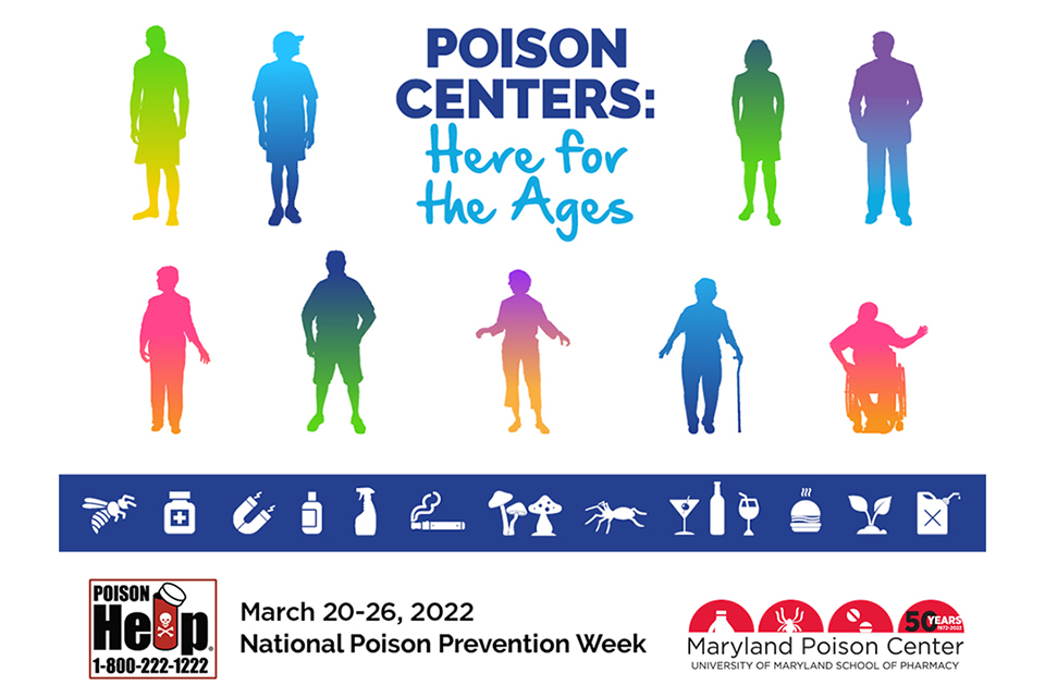 Graphic with multi-color images of people promoting the National Poison Prevention Week for Poison Centers and the tagline Here for the Ages, with logos for poison help and the Maryland Poison Center.