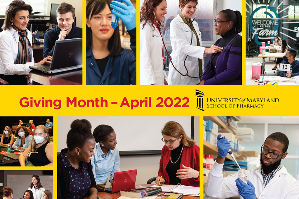 Collage of images showing scenes from the clinic and classroom at the School of Pharmacy for Giving Month in April 2022
