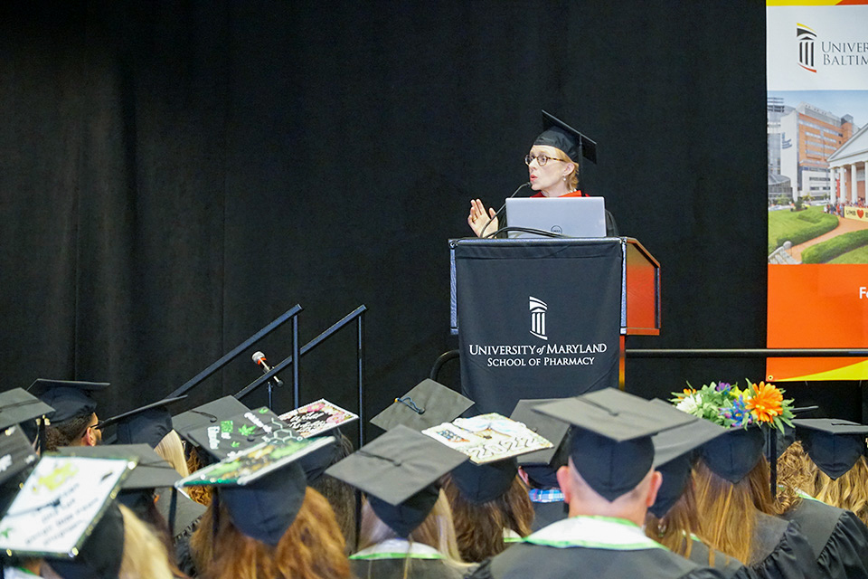Sarah Chase gives the keynote address to the medical cannabis science and therapeutics graduates.