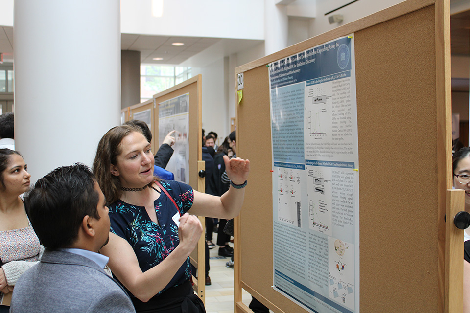 A researcher explains part of their work at the FCBIS poster session.