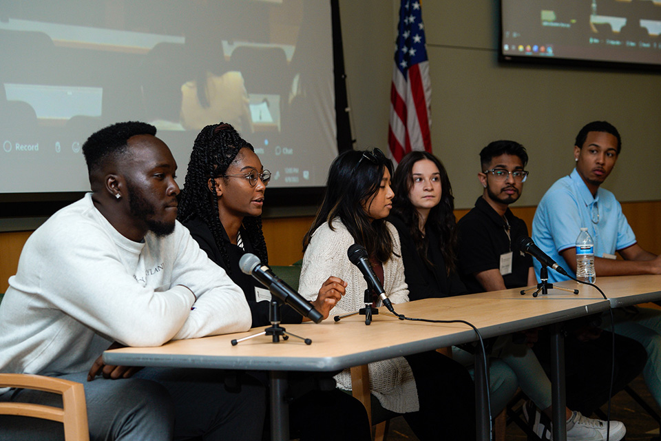 A current student panel speaks at new student welcome day.
