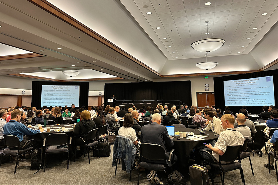 A conference room of attendees at M-CERSI's workshop on "Physiologically Based Biopharmaceutics Modeling (PBBM) Best Practices for Drug Product Quality: Regulatory and Industry Perspectives"