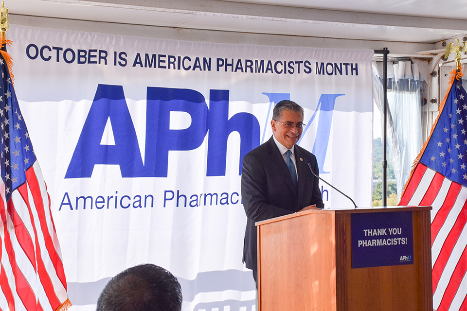 Xavier Becerra gives remarks at the APhA event.