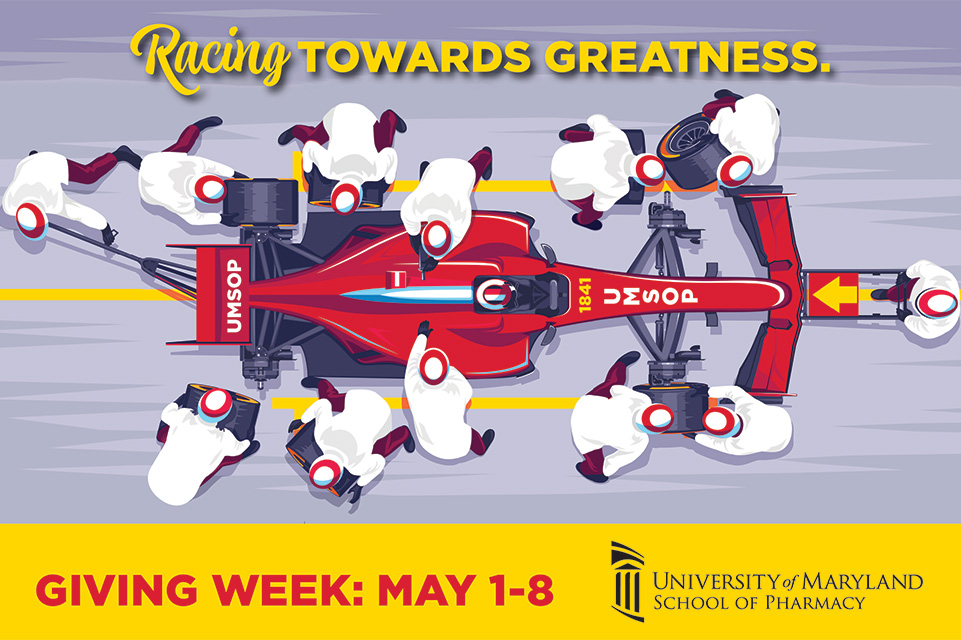 Giving Week graphic of a formula racing car getting worked on by a pit crew. Text says Racing Toward Greatness and Giving Week is May 1-8.