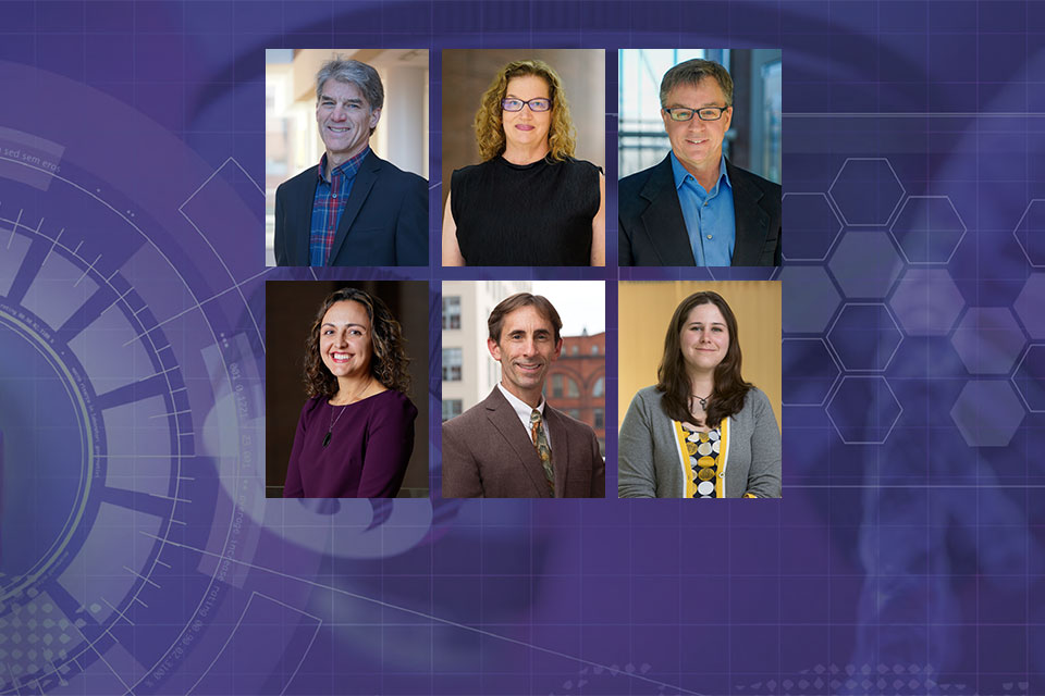 Headshots of faculty members Paul Shapiro, Audra Stinchcomb, James Polli, Mojdeh Heavner, C. Daniel Mullins, and Kimberly Claeys