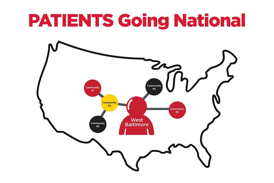 Line drawing of a map of the United States with a central figure representing West Baltimore and 5 pins indicating outreach to other communities.
