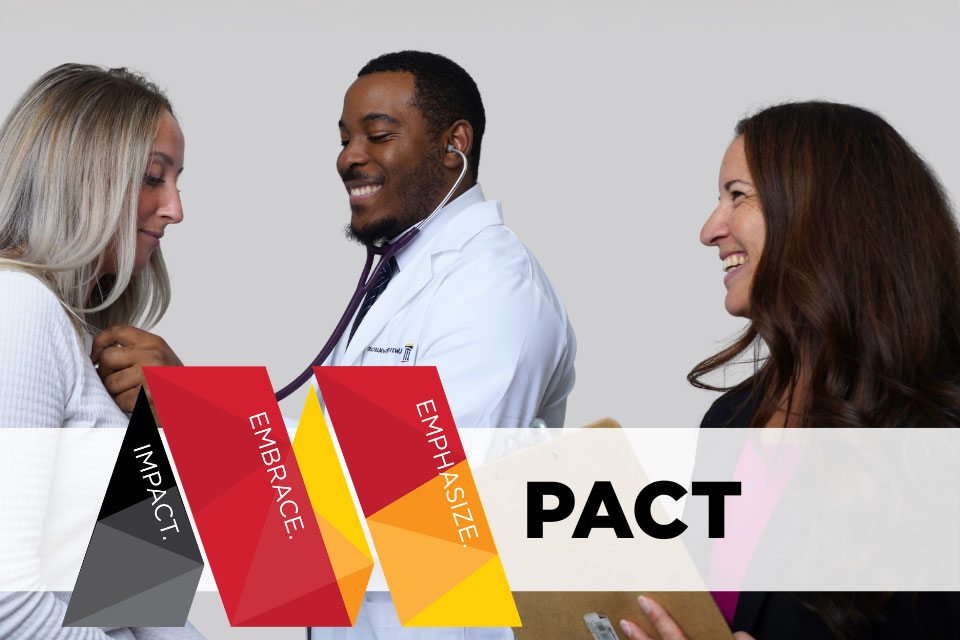 Healthcare professional using a stethoscope with two individuals, overlaid with colorful graphics labeled Impact, Embrace, Emphasize, and the word M-PACT