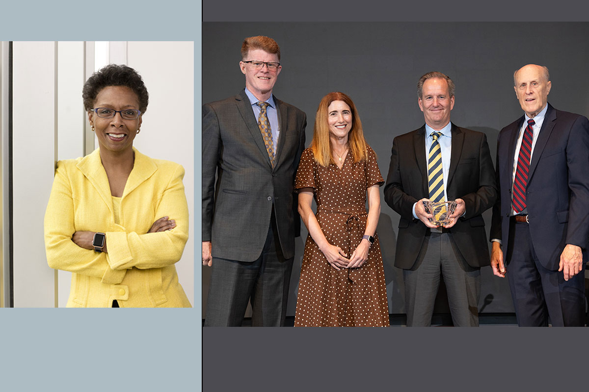 Natalie Eddington, Sarah Michel, Bruce Jarrell, and two representatives from AstraZeneca, one holding a crystal award