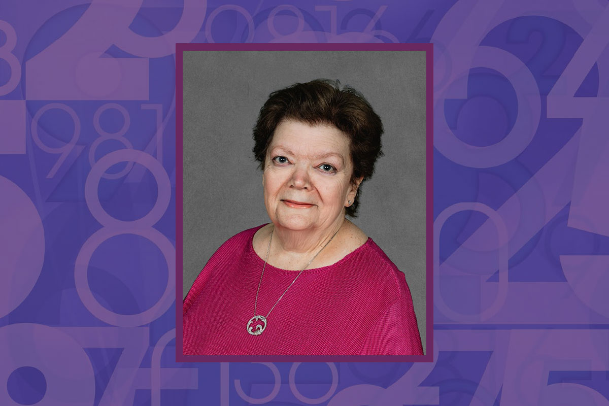 Portrait of Lynn McPherson set against an abstract purple background of numbers.