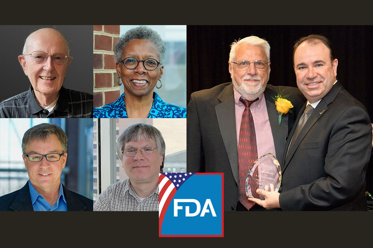 Image on the left: clockwise from top left - Larry Augsburger, Natalie Eddington, Stephen Hoag, and James Polli helped form the School of Pharmacy-led team that studied the way pharmaceutical formulation and manufacturing affect the performance of drug products. Image on the right: Gary Hollenbeck, at left in photo, shown receiving a Distinguished Alumni Award from Purdue University in 2018, helped expand the School of Pharmacy’s collaborations with the FDA in the 1990s.